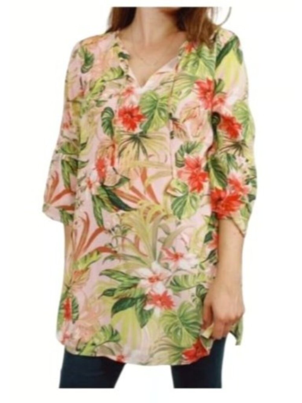 J. Jill Womens Floral Tropical Tunic Top dress Pink Green size  Medium